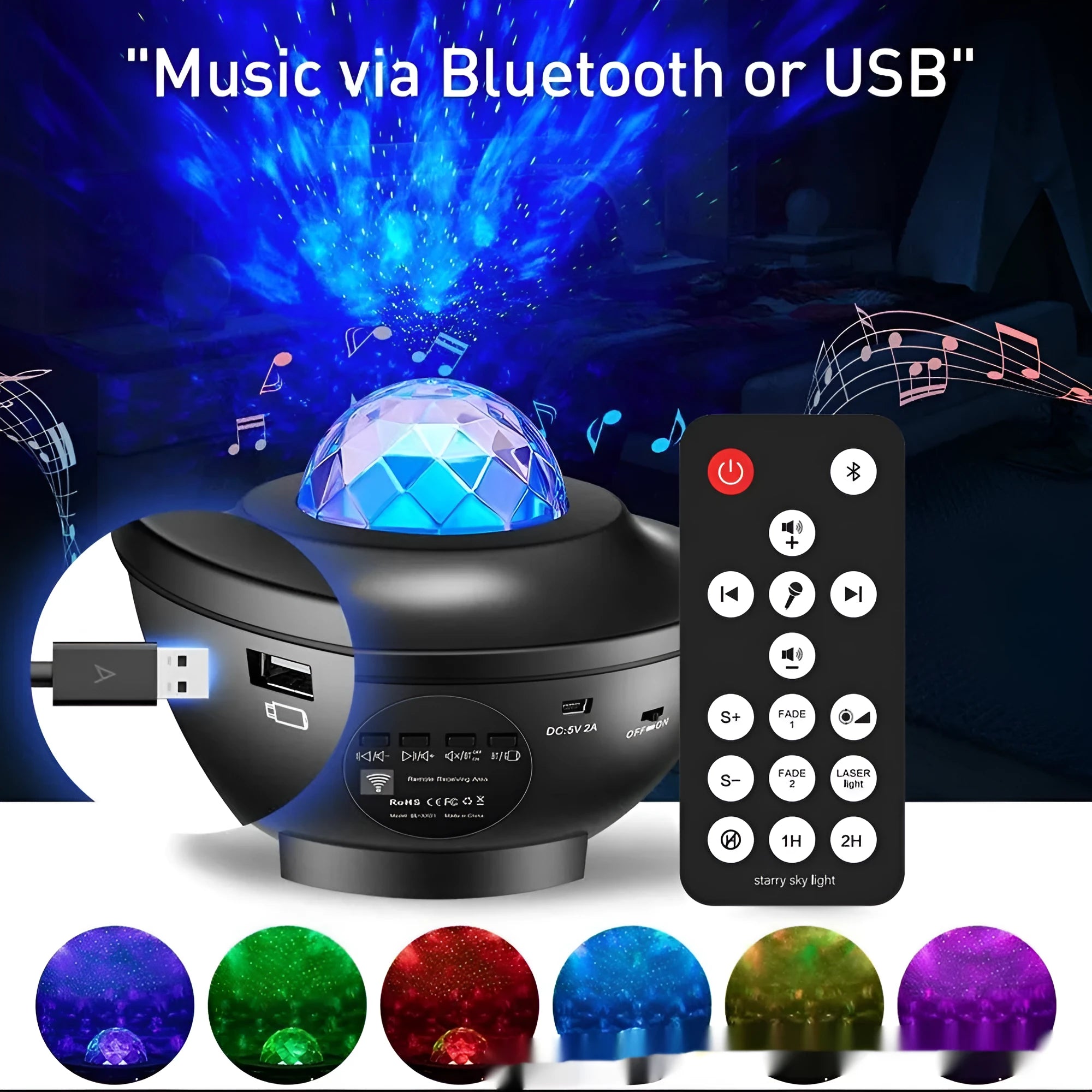 Black parallel style starry sky projection lamp with Bluetooth and rotating water ripple laser effects on a desktop.