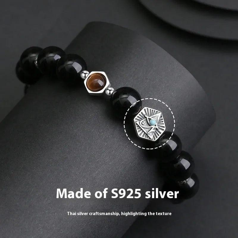 Men's retro God's Eye bracelet with 8mm obsidian inlay set in a sterling silver S925 band.