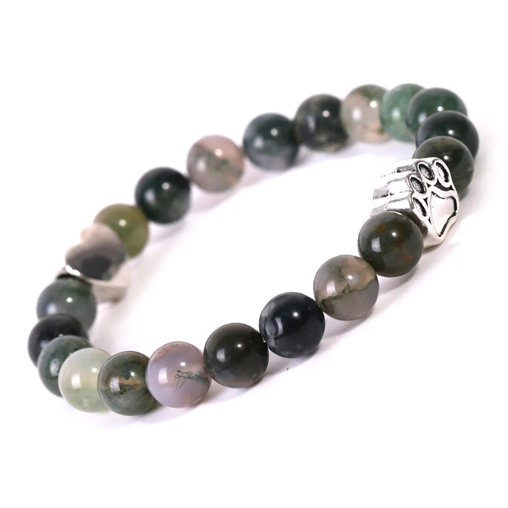 Tigereye Indian Agate stone bracelet with dog paw and love heart charms on wrist.