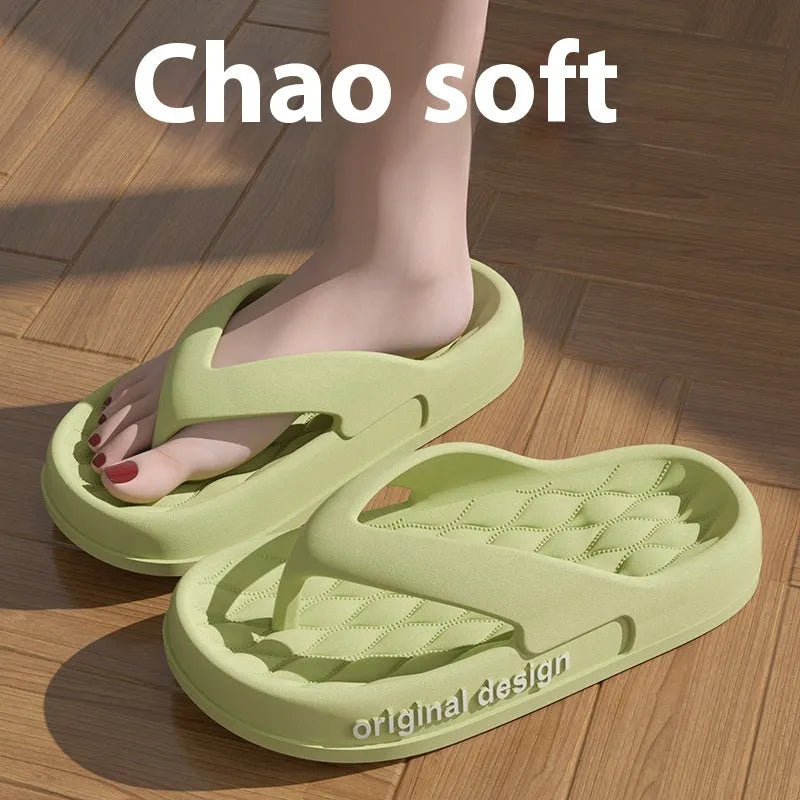 Men's EVA flip flops in various colours on a beach background, showing open-toe injection moulded design.