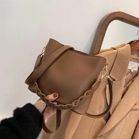 Retro woven texture PU leather crossbody bucket bag in khaki colour with underarm positioning