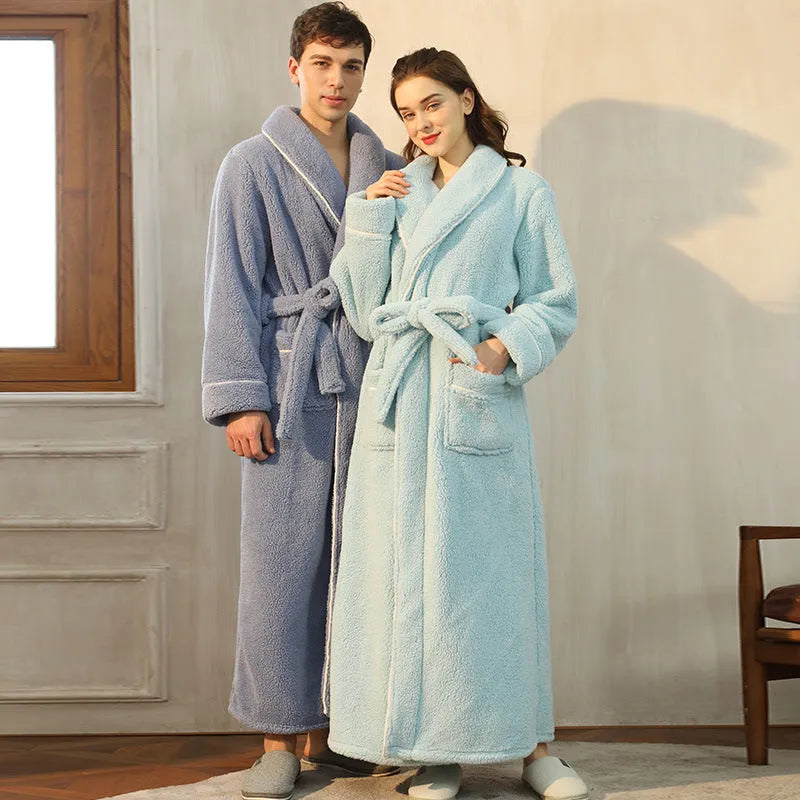Thickened flannel couple's bathrobe set for winter in multiple colour options