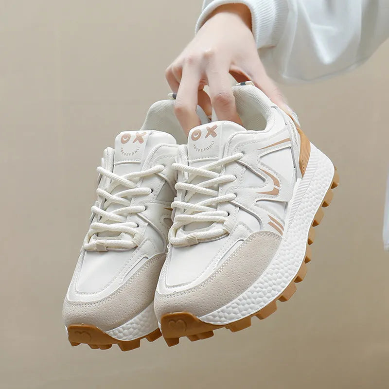 Women's black platform casual sports shoes with round toe and front lace-up design