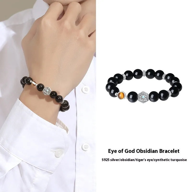 Men's retro God's Eye bracelet with 8mm obsidian inlay set in a sterling silver S925 band.