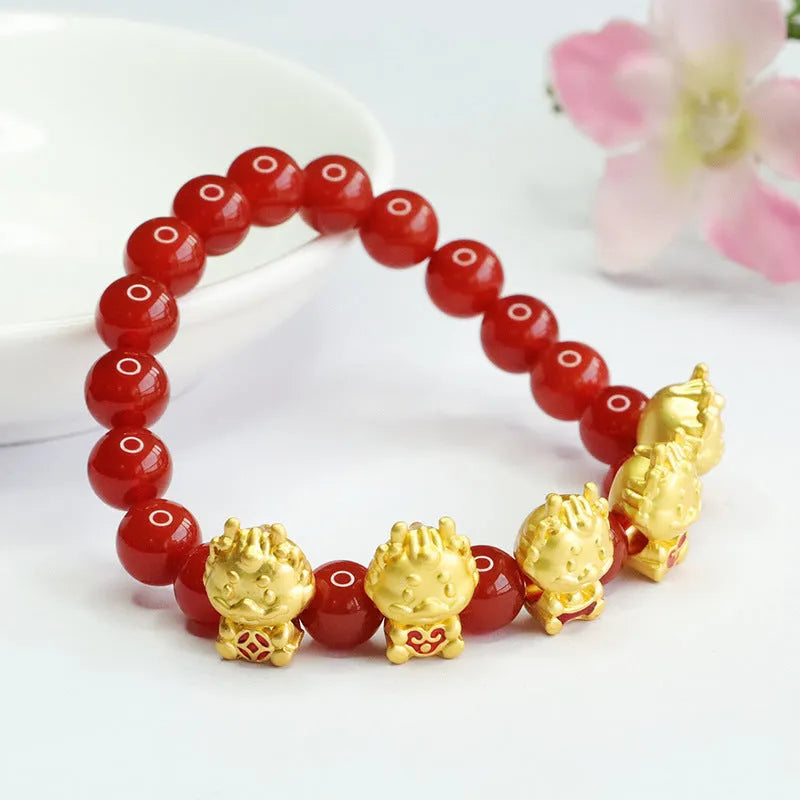 Red agate Five Blessing Dragon bracelet with 8mm beads, Chinese style.