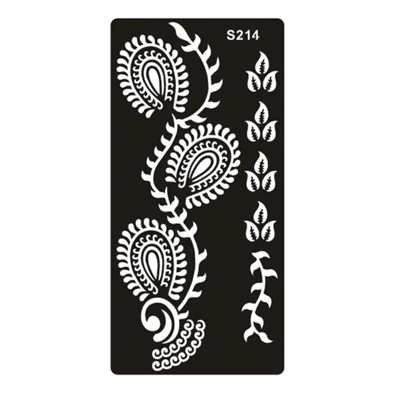 Sheet of hollow geometric and Southeast Asian style temporary tattoo templates on water transfer paper.