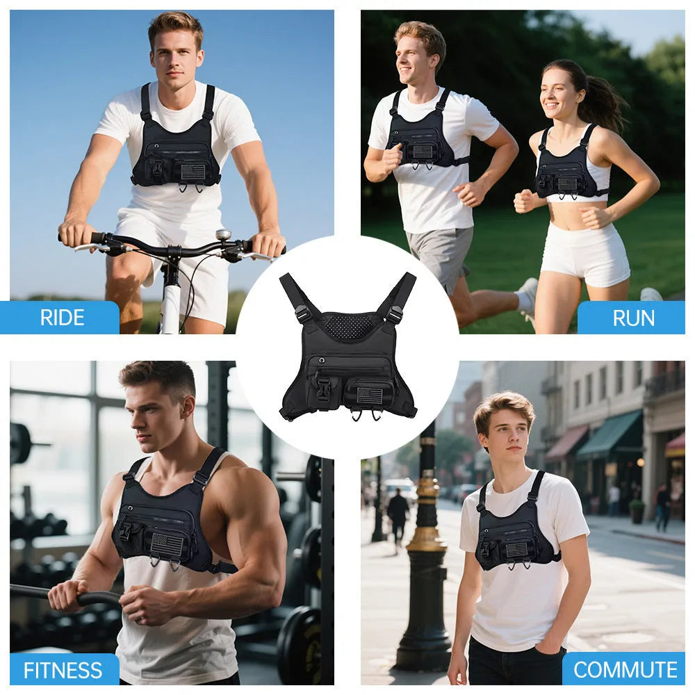 Oxford cloth chest bag with breathable vest design in black, blue, or grey for outdoor sports and riding