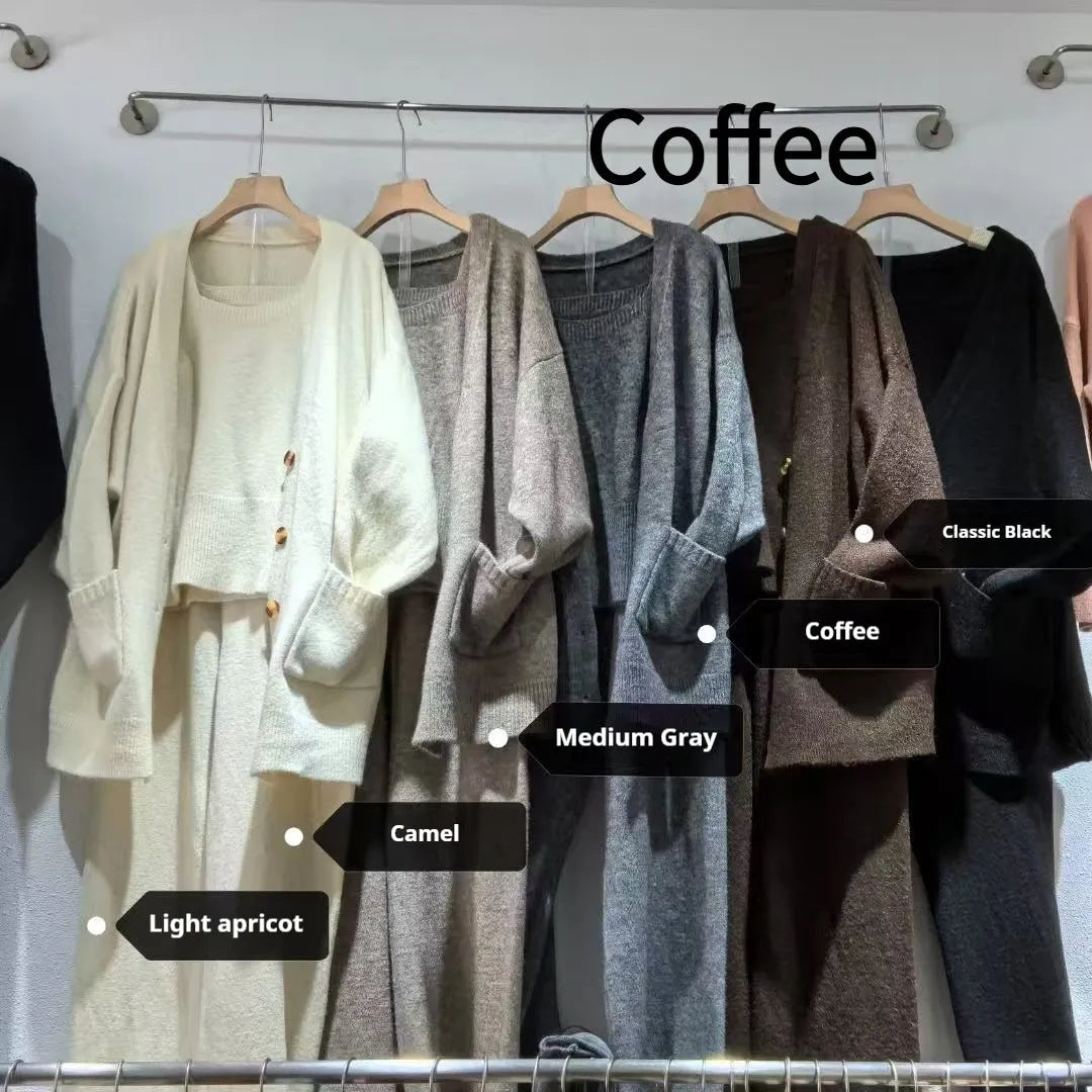 Women's loose fit knit cardigan, vest, and casual pants three-piece set in a solid colour.