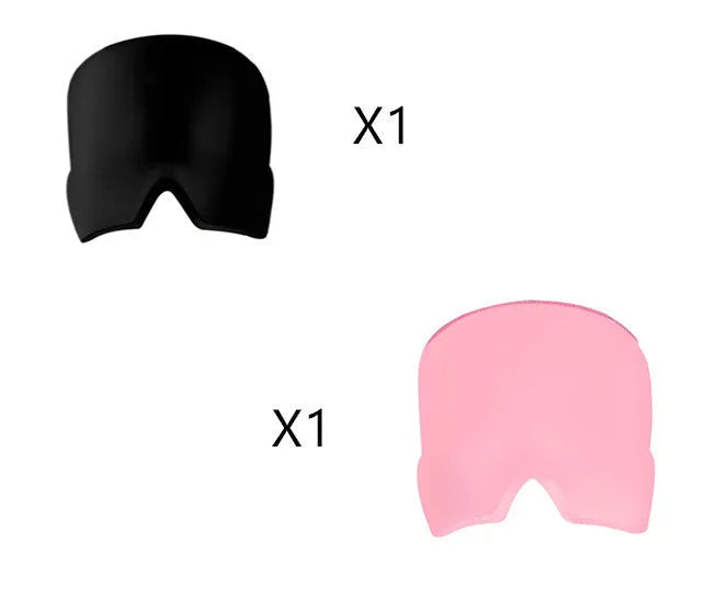 Black adjustable cold compress gel eye mask for headache relief on a plain background.