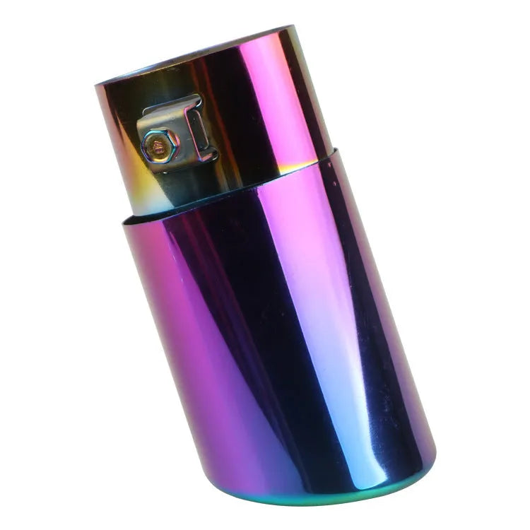Stainless steel car exhaust tail pipe tip in baked blue finish, showing straight and curved shape options.