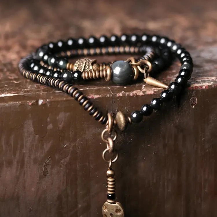 Black geometric beaded layered bracelet for unisex wear, natural style