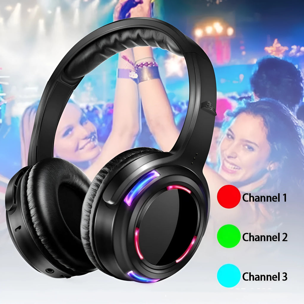 Black silent disco wireless headphones with 40mm drivers and 3.5mm plug