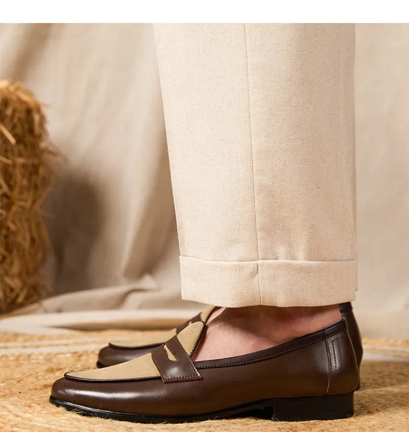 Coffee grey suede leather men's loafers with a slip-on kick closure and rubber sole.