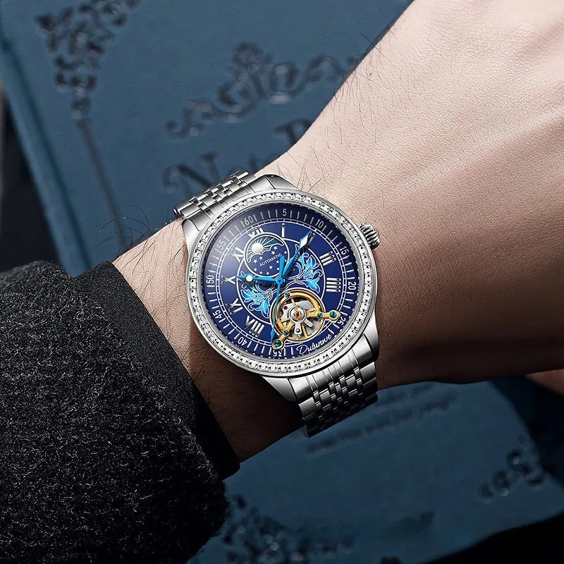 Men's waterproof mechanical watch with stainless steel strap and transparent case back showing movement