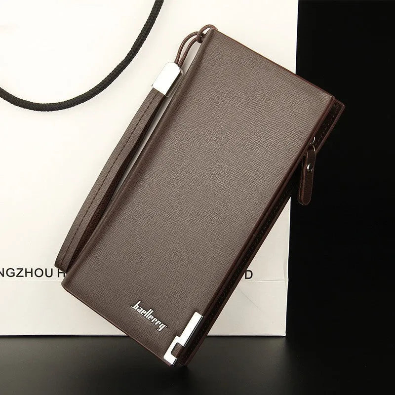 Men's long black PU leather wallet with zipper closure showing seven internal compartments
