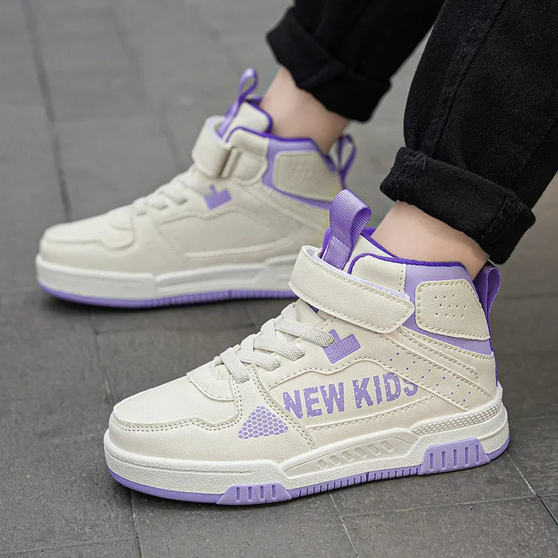Children's unisex sneakers with buckle fastening in beige green, blue, white powder, and white & purple colours