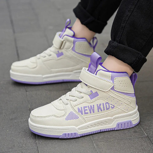 Children's unisex sneakers with buckle fastening in beige green, blue, white powder, and white & purple colours