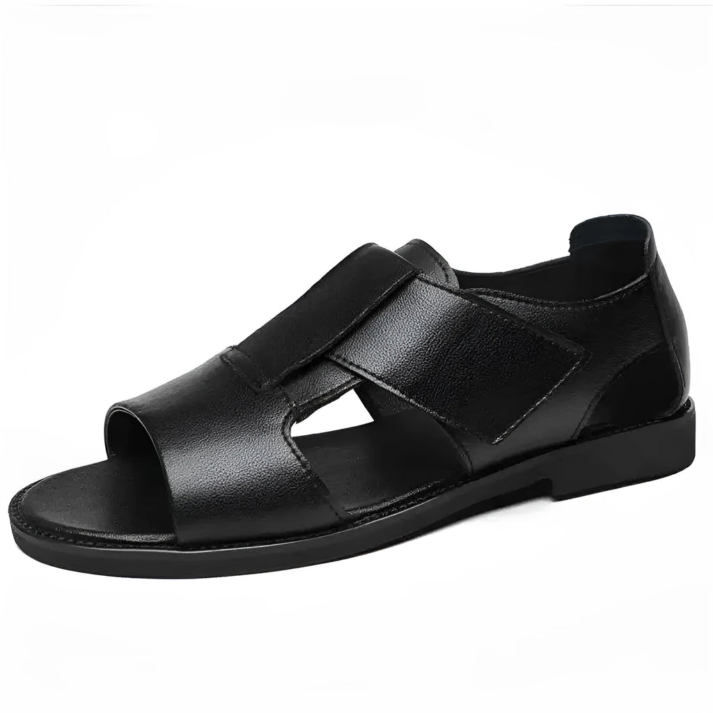Men's black and brown Roman-style open-toe sandals with a leather upper and rubber sole.