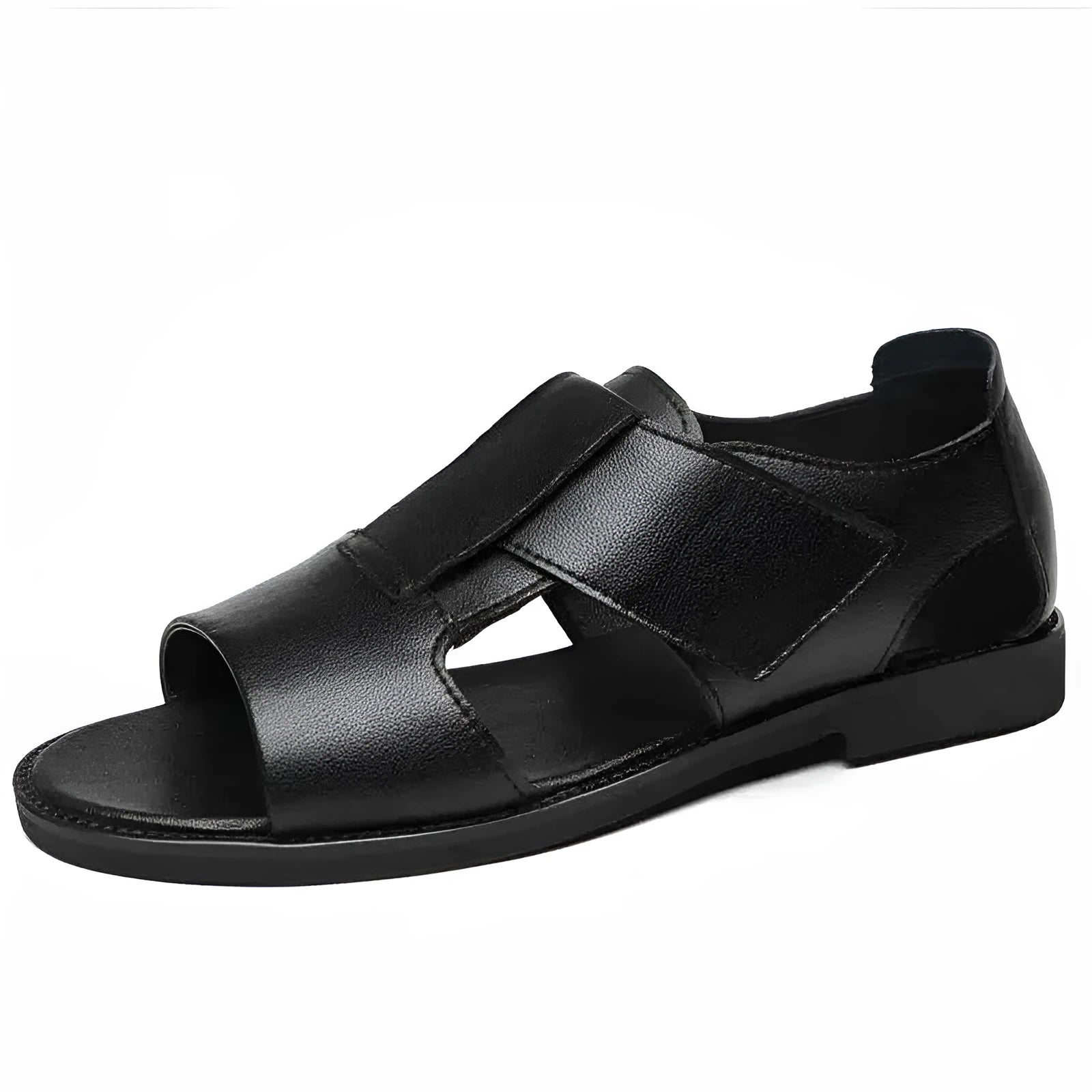 Men's black and brown Roman-style open-toe sandals with a leather upper and rubber sole.
