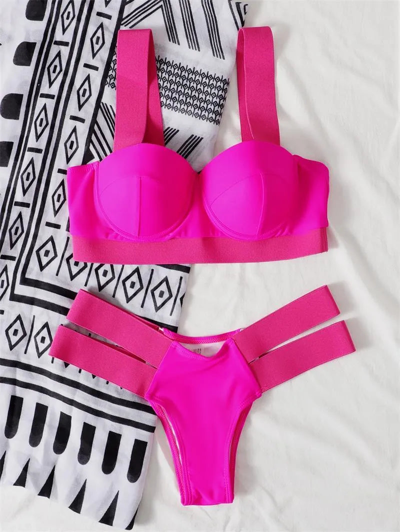 Women's contrast colour push-up bikini set with steel bracket support in Rose Red, Black, or Peacock Blue Nylon fabric