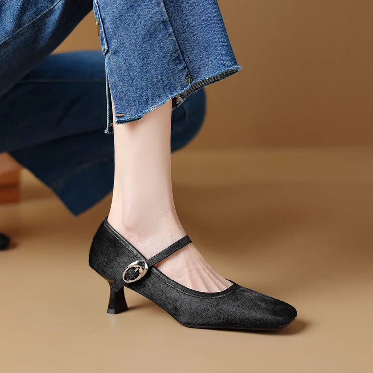 Women's black square toe stiletto heel ankle-strap shoes with horse hair upper and buckle closure