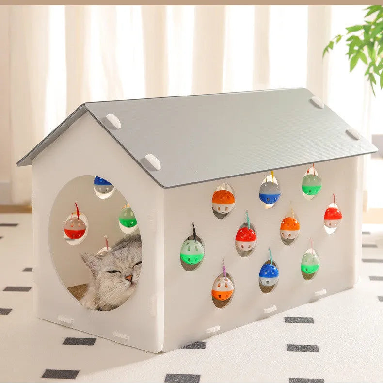 Plastic cat scratch board integrated with a nesting house and tunnel, includes a toy.