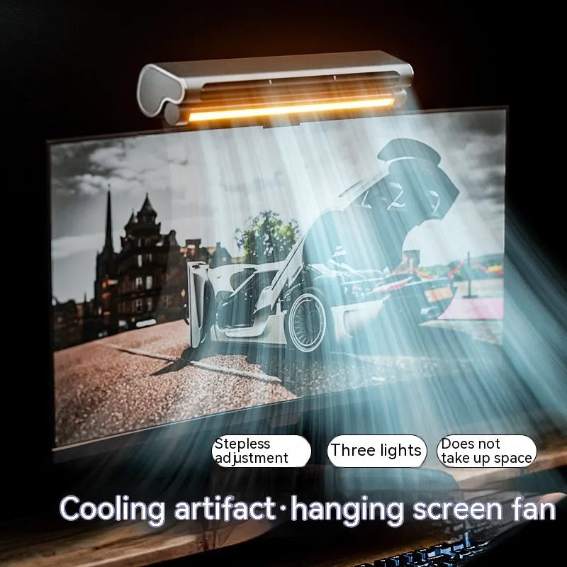 Black USB-powered bladeless clip fan with LED lighting attached to laptop screen