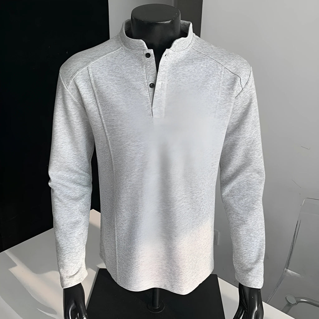 Men's gray patchwork stand-up collar long sleeve cotton sweater shirt on hanger