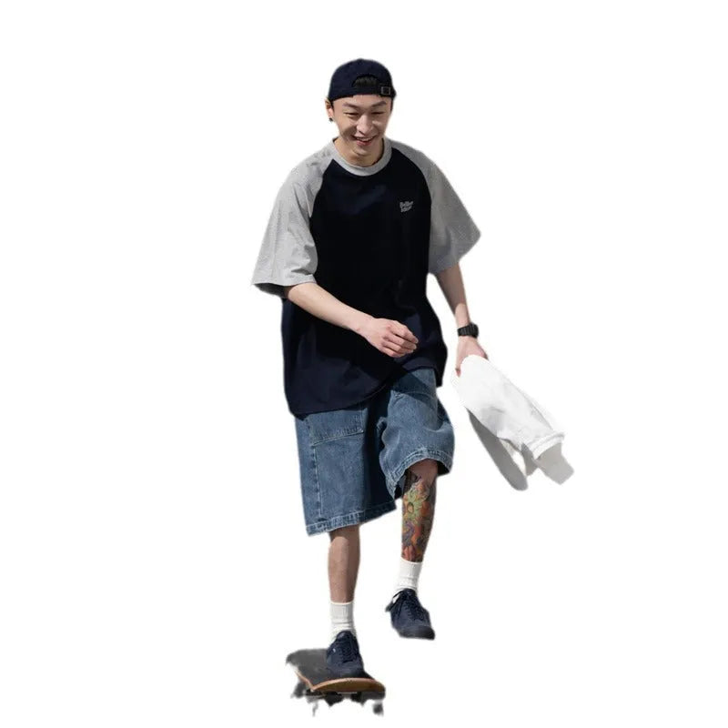 Men's blue casual raglan sleeve T-shirt with loose fit and pullover style