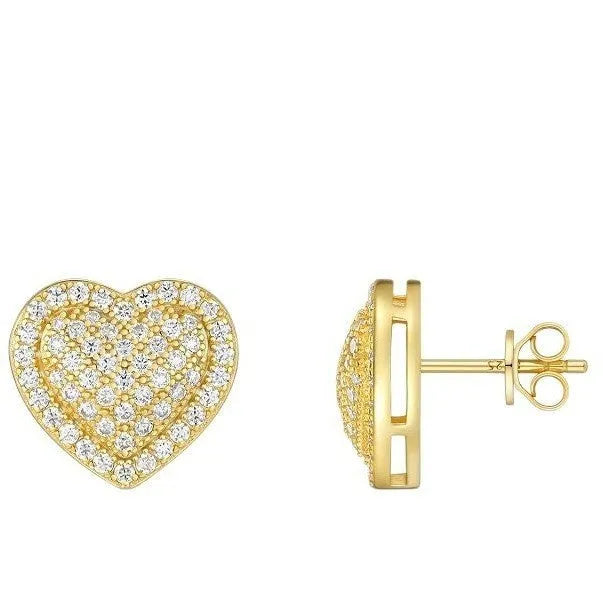 A pair of golden-colour heart stud earrings with a central moissanite stone, on a silver background.