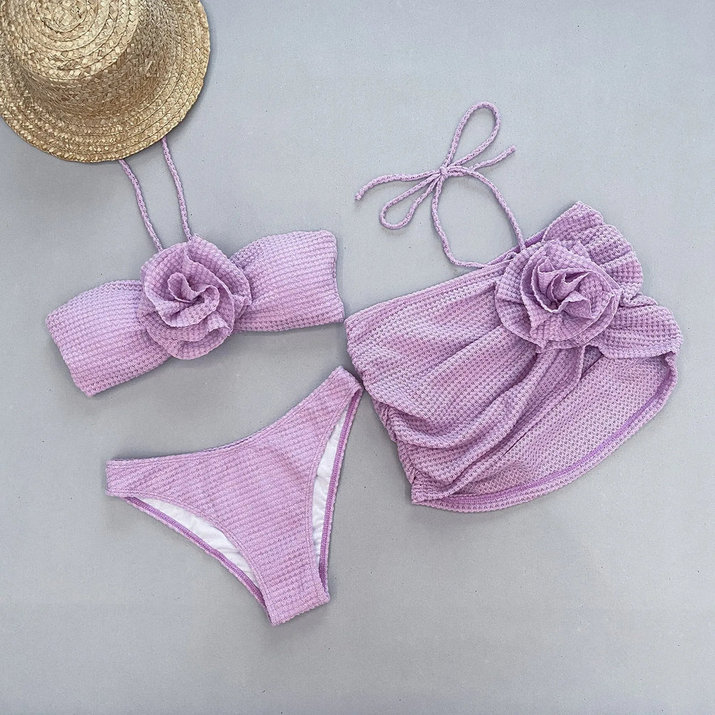 Women's three-piece swimsuit bikini set with 3D flower split design in white or purple colour