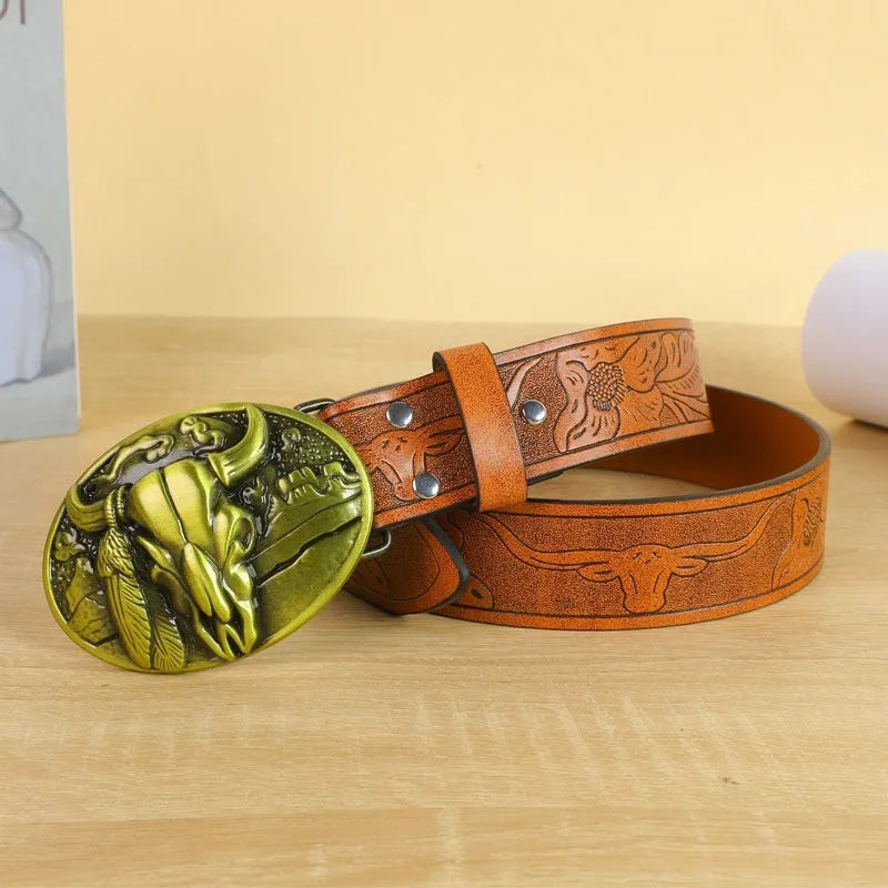 Men's black imitation leather belt with a detailed metal cow head buckle and pin clasp.