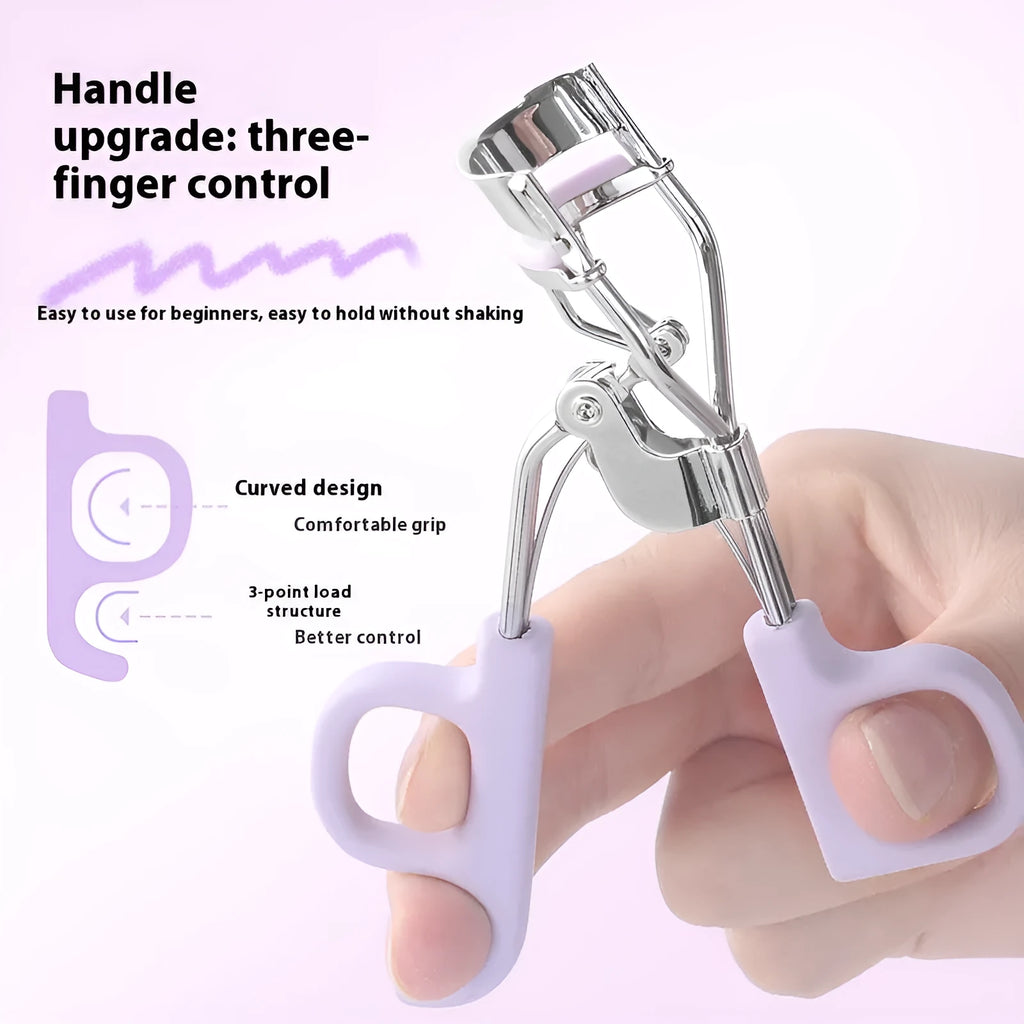 A4 chrome scissors handle eyelash curler with tail, shown in pink and purple colour options.