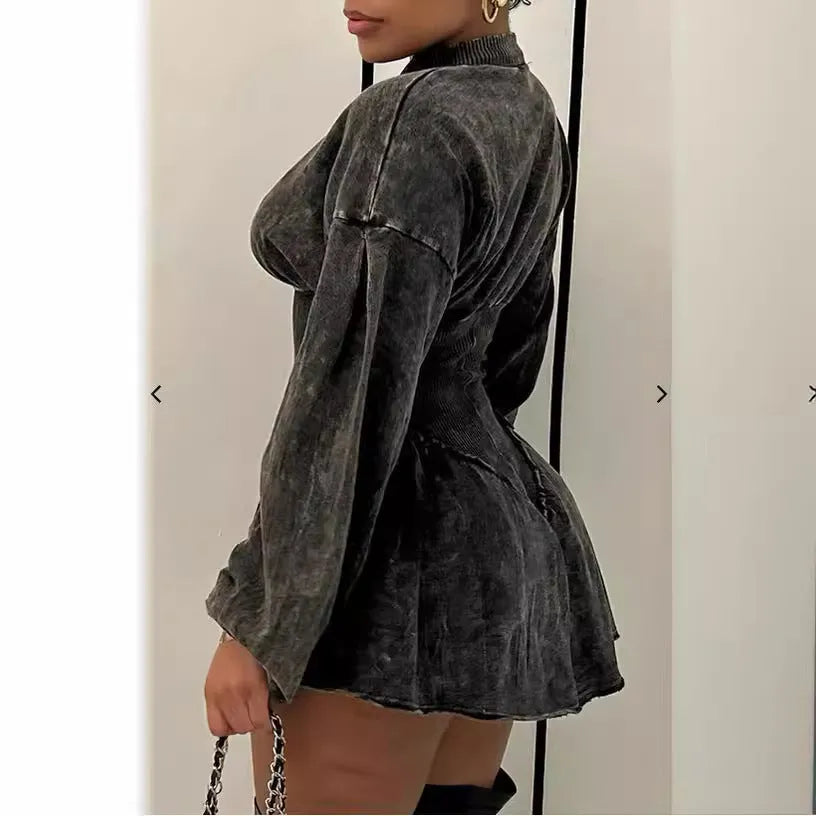Grey women's A-line dress with digital printing and a drawstring waist, long sleeves.