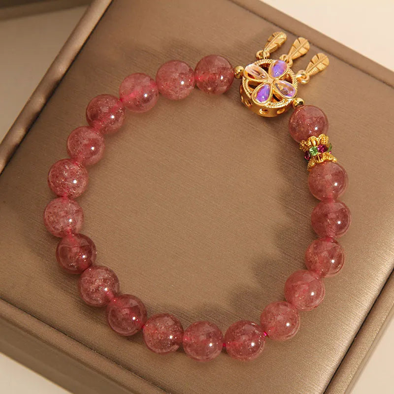 Strawberry quartz bracelet with four leaf clover dream catcher ball pendant crystal jewellery for women