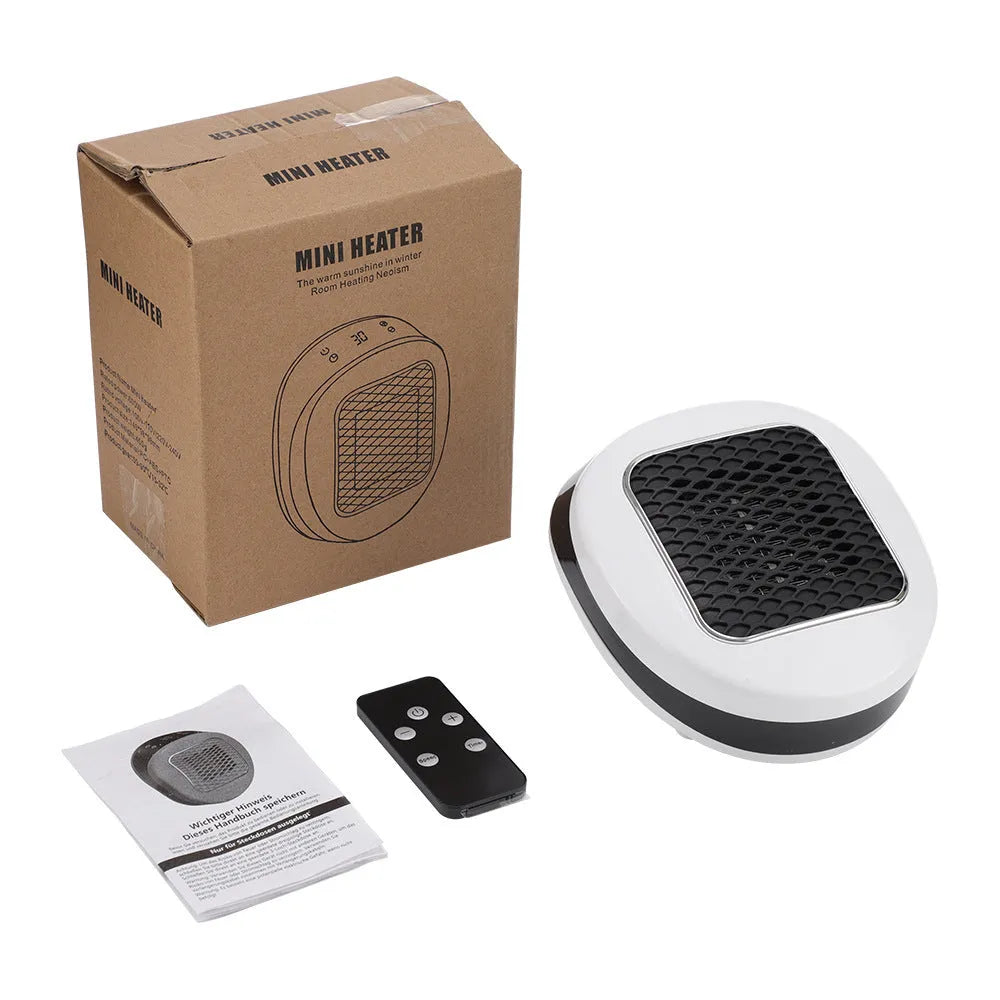 White ceramic electric heater with remote control on a table, dual voltage for EU and US plugs.