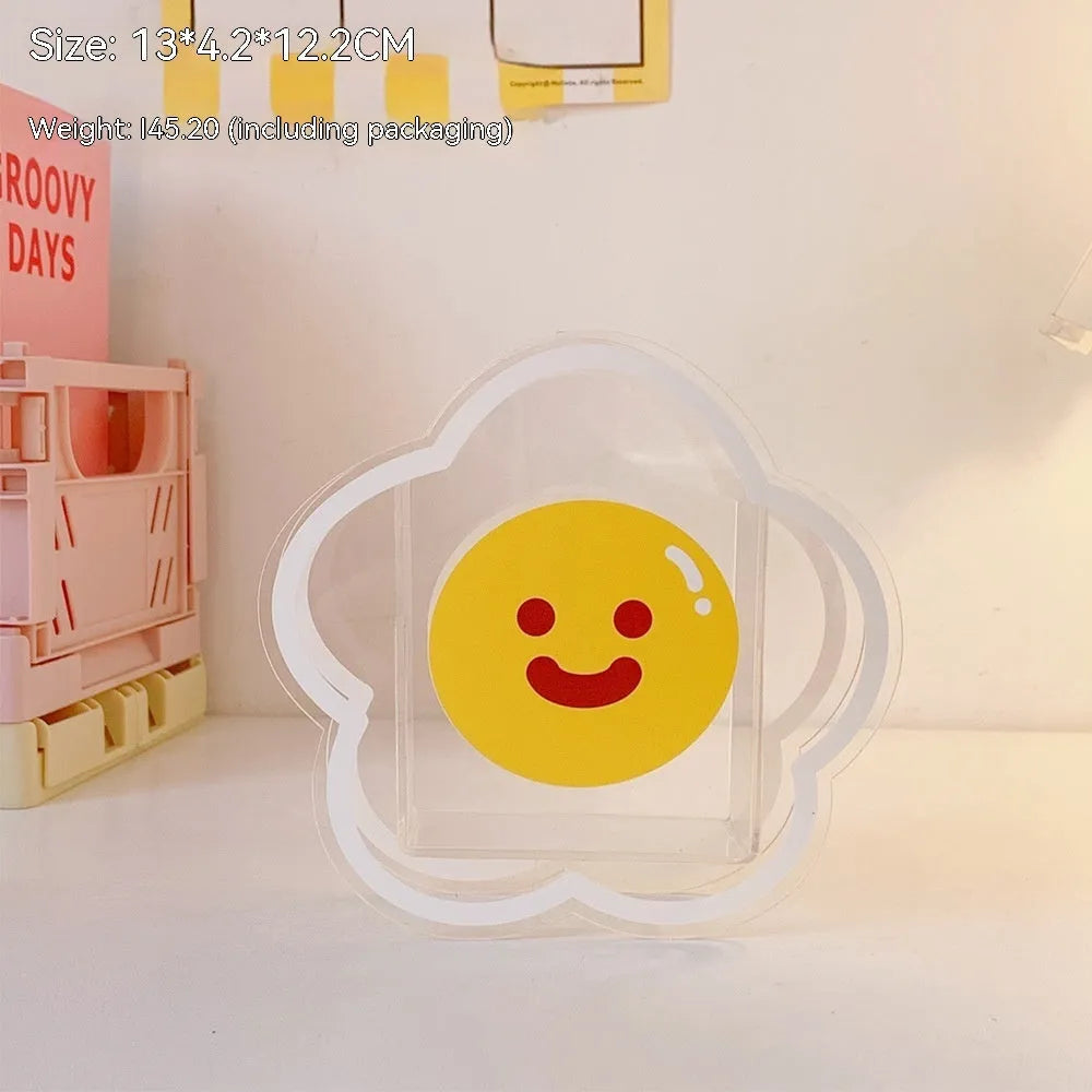 Square clear acrylic storage box with cute character theme decoration for desk organisation
