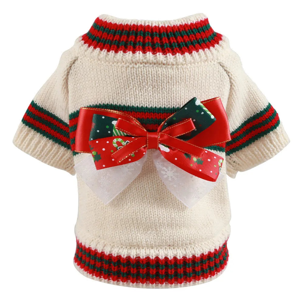 Red and green Merry Christmas dog jumpers for small to large pets on a festive background