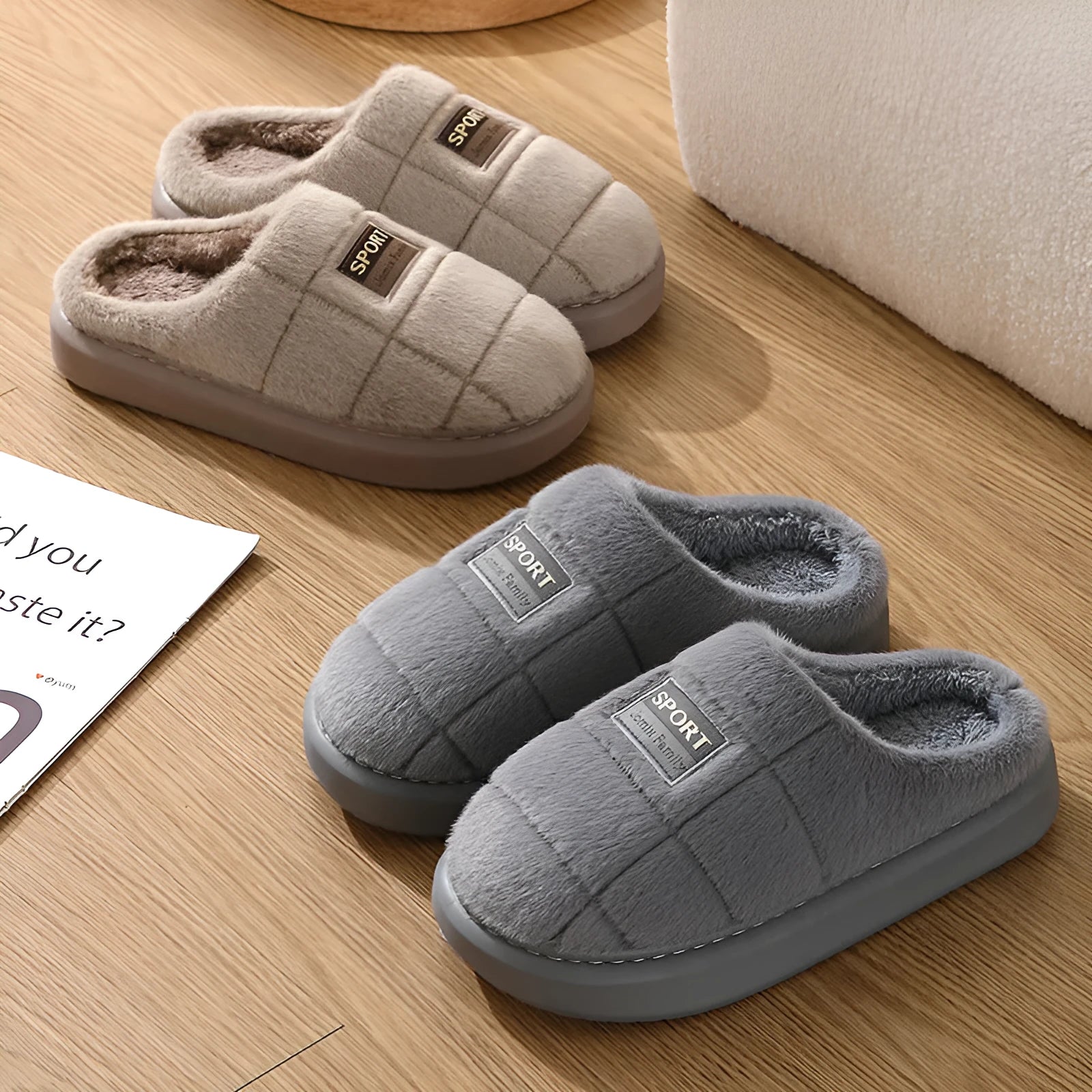 Men's grey and brown plaid rabbit hair slippers with thick EVA sole and wool lining.