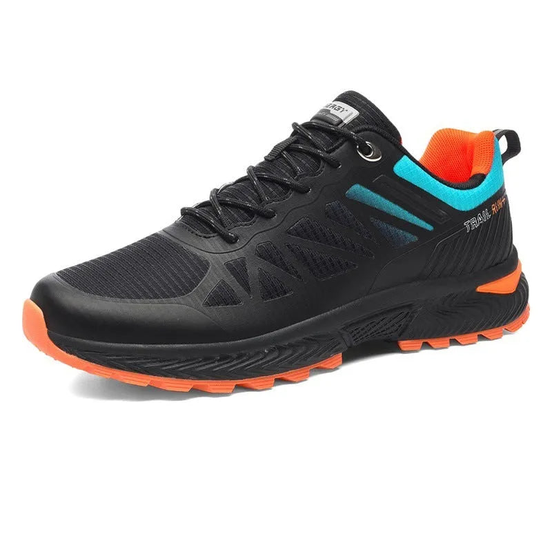 Men's black breathable mesh running shoe with lace-up front and rubber sole.