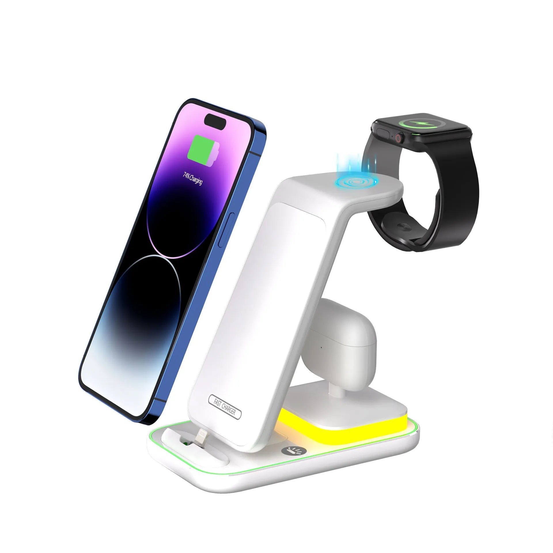 Black vertical wireless charging station with phone, smartwatch, and headphones charging simultaneously.