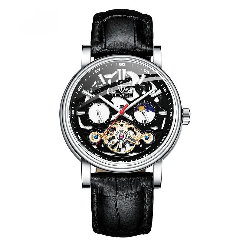 Men's mechanical watch with visible tourbillon, luminous dial, in rose black colour.