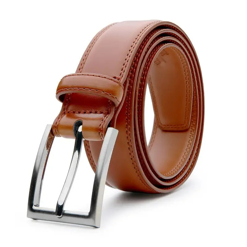Men's brown genuine leather casual belt with an alloy buckle on a plain background.