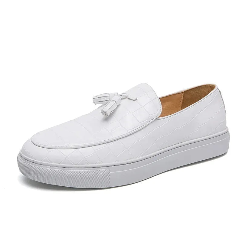 Plus size men's business casual sneakers with tassel detail on artificial PU upper in black, brown or white