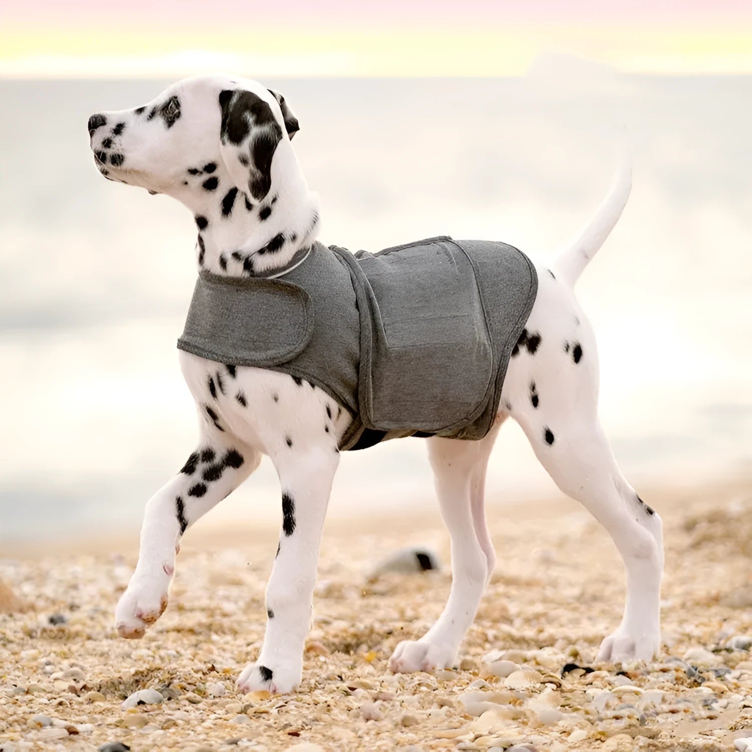 Heathered grey dog anxiety vest or thundershirt shown on a model, made from soft brocade cotton fabric.