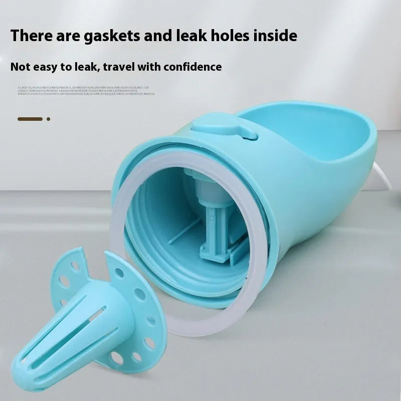 Blue portable plastic dog water cup with attached drinking bowl for outdoor use