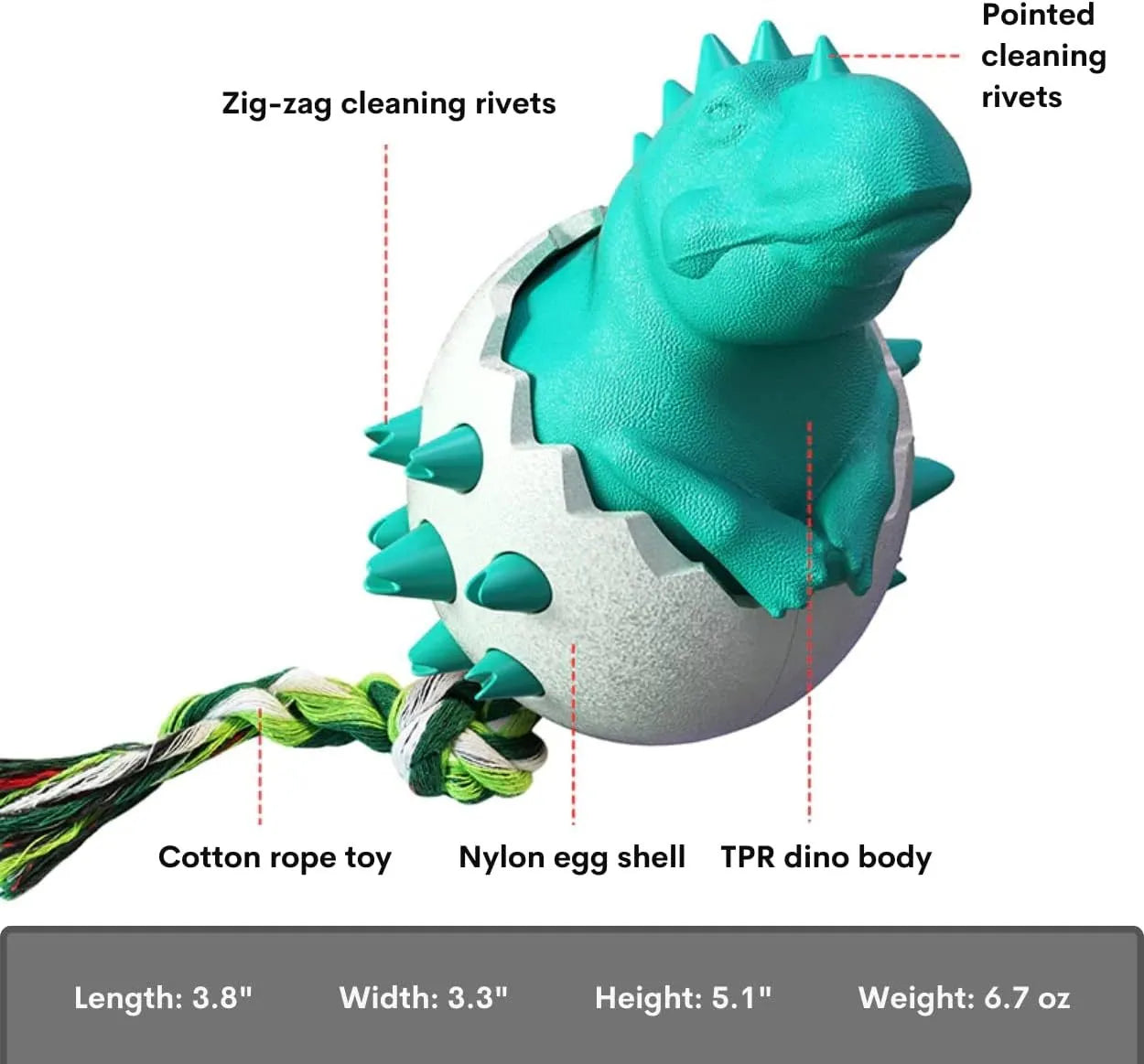 Durable blue dinosaur-shaped dog chew toy with an integrated green nylon rope.