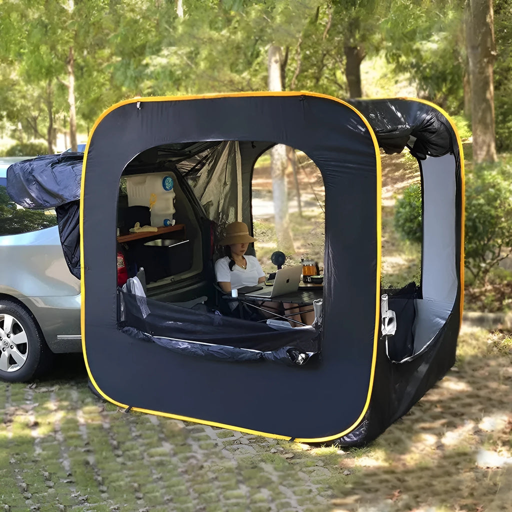 Black pop-up car tailgate tent unfolded, showing quick-throw design and cubic 200cm dimensions.