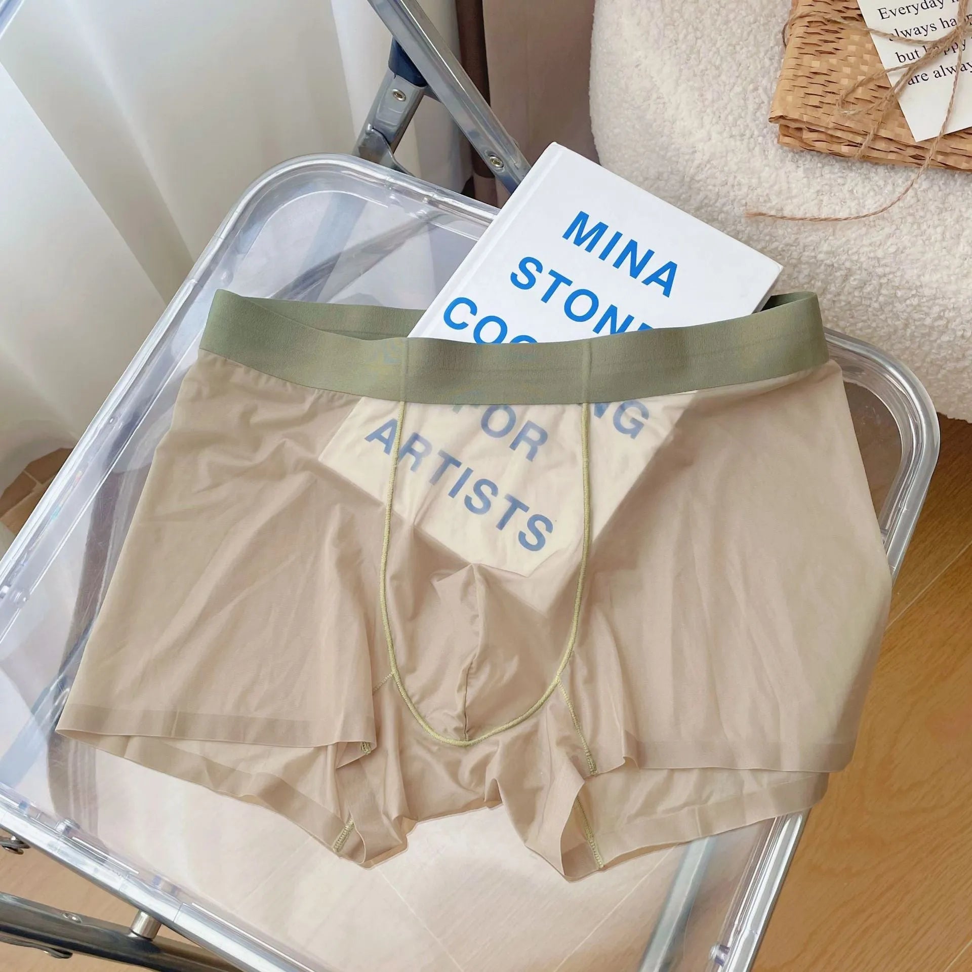 Men's seamless quick-drying nylon boxer shorts in light brown colour showing mid waist and body shaping fit.