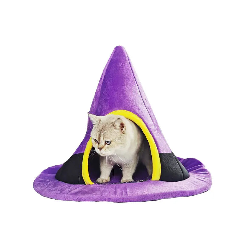Purple Halloween witch hat shaped cat bed measuring 60x45cm for kittens and small cats